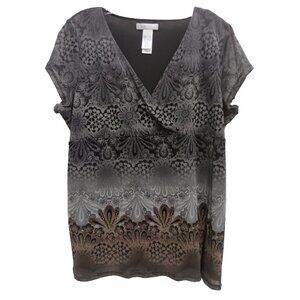 Vintage Y2K LizWear Womens Babydoll Top XL Gray Floral Whimsygoth Short Sleeve